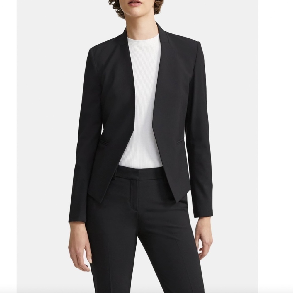 Theory Black Virgin Wool Blend Front Open Blazer (Sz 4)